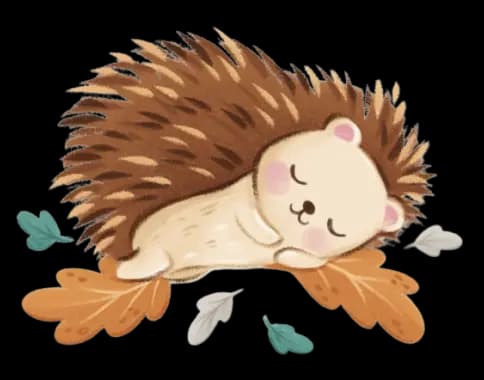 Jeżyk leżący na liściach, spokojnie odpoczywa w bajkowym świecie Bajkowego Poddasza – ilustracja inspirowana nastrojem wyciszających audiobajek dla dzieci