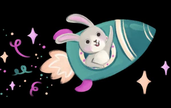 Zajączek leci rakietą przez rozgwieżdżone niebo – bohater Bajkowego Poddasza zaprasza dzieci w kosmiczną podróż pełną przygód i inspirujących audiobajek