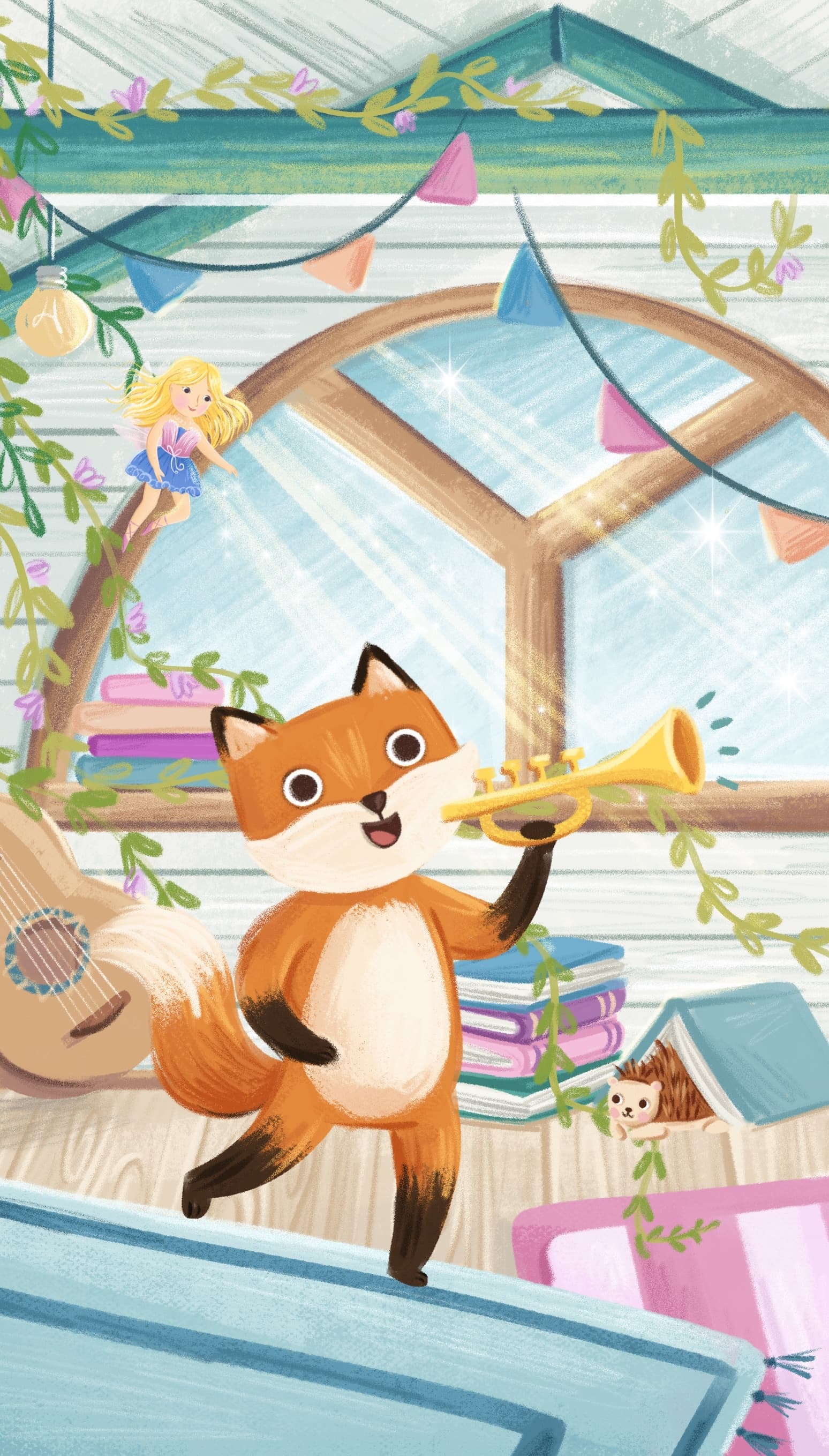 Dziewczynka i lisek grający na trąbce na poddaszu - ilustracja symbolizująca audiobajki muzyczne od Bajkowe Poddasze