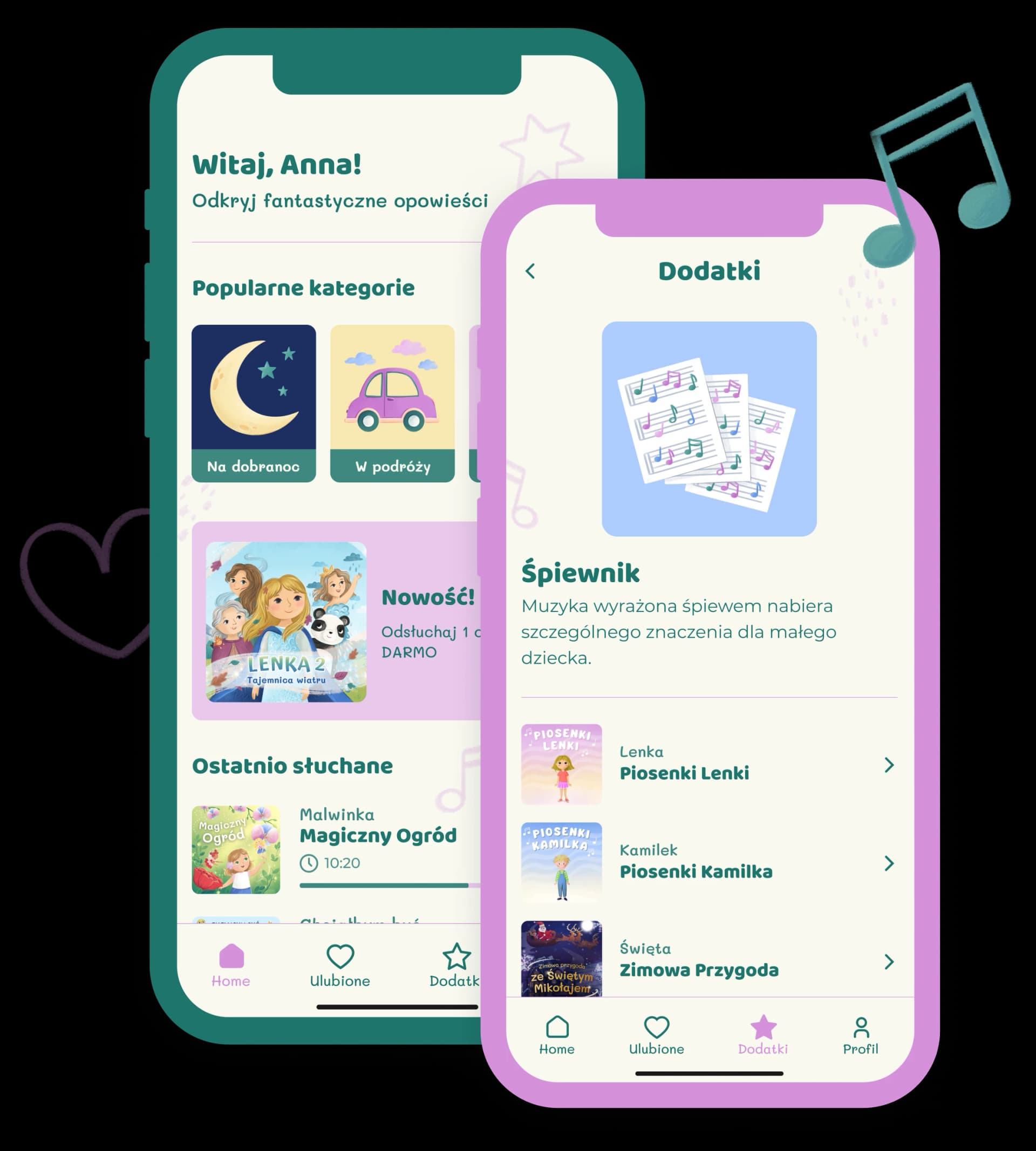 Zrzuty ekranu z aplikacji Bajkowe Poddasze prezentujące przyjazny interfejs i kolorowe ilustracje postaci z bajek – dostęp do bezpiecznych audiobajek dla dzieci w nowoczesnej i intuicyjnej formie