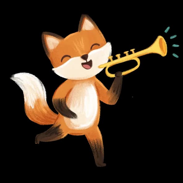 Lisek grający na trąbce w świecie Bajkowego Poddasza - ilustracja do audiobajek muzycznych dla dzieci