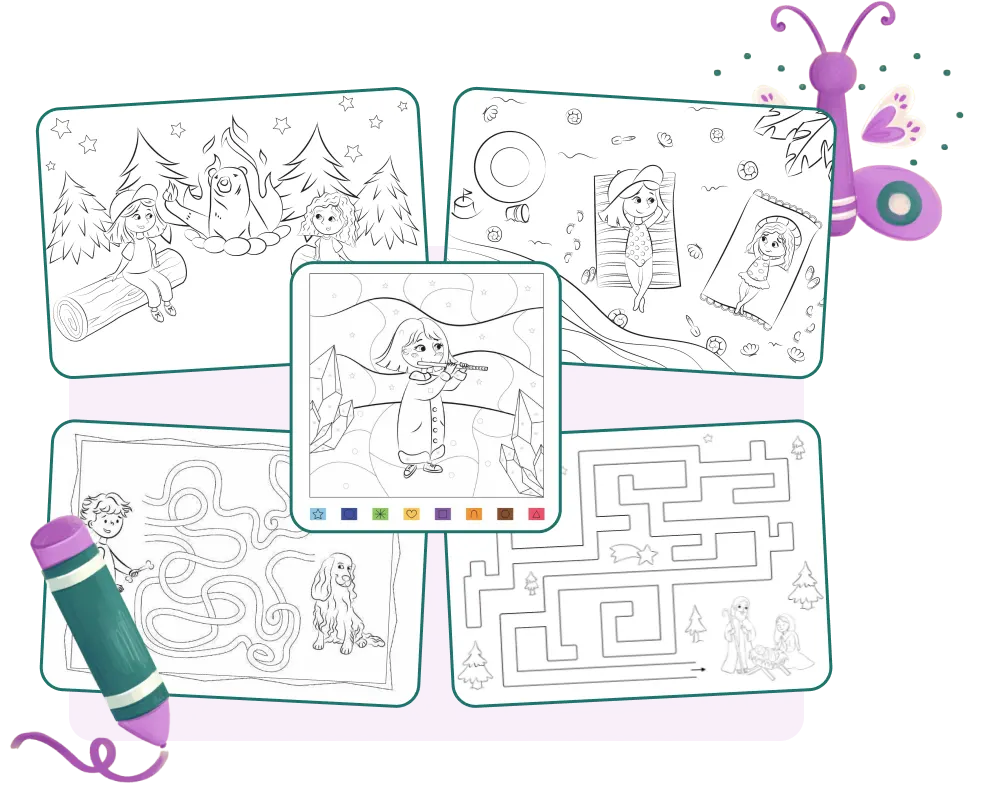 Widok kolorowanek dostępnych w aplikacji Bajkowe Poddasze – kreatywna zabawa dla najmłodszych, która uzupełnia świat bezpiecznych audiobajek dla dzieci i wspiera rozwój wyobraźni oraz zdolności manualnych