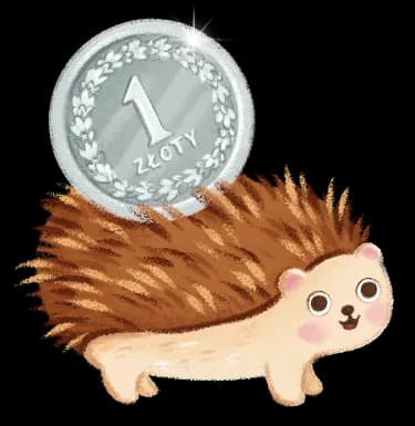 Jeżyk z uśmiechem niesie na grzbiecie złotówkę – symboliczna opłata za dostęp do bezpiecznych audiobajek dla dzieci w aplikacji Bajkowe Poddasze.