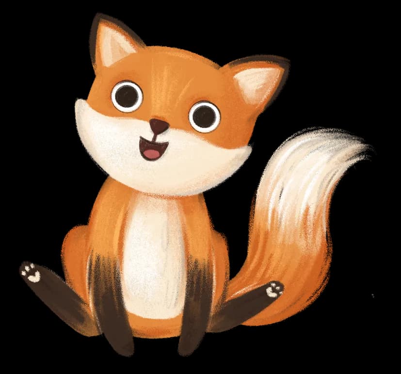 Siedzący, uśmiechnięty lisek z Bajkowego Poddasza spogląda z radością na najmłodszych, zapraszając ich do odkrywania świata bezpiecznych audiobajek dla dzieci