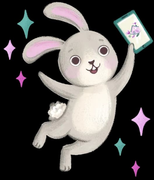 Radosny króliczek skacze z telefonem w łapce, pokazując aplikację Bajkowe Poddasze – mobilny dostęp do bezpiecznych audiobajek dla dzieci, które bawią, uczą i wspierają rozwój wyobraźni