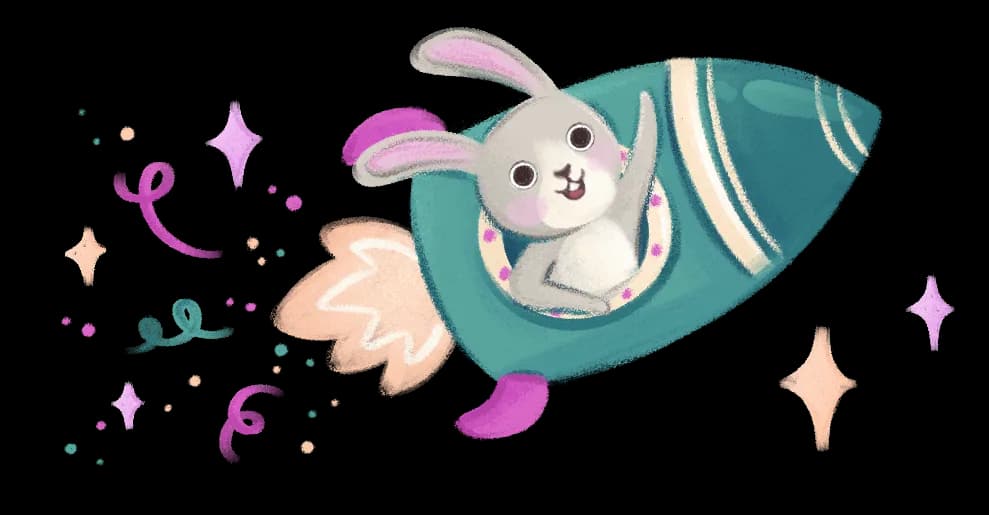 Króliczek lecący rakietą w kosmiczną podróż po wyobraźni – bohater Bajkowego Poddasza, który zaprasza najmłodszych do słuchania bezpiecznych audiobajek dla dzieci