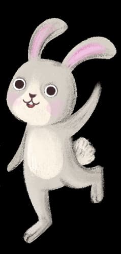 Uśmiechnięty króliczek macha do dzieci z bajkowego świata Bajkowego Poddasza, zapraszając do wspólnego słuchania bezpiecznych audiobajek dla dzieci