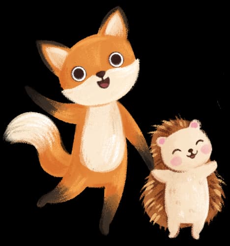 Lisek i jeżyk trzymają się za ręce i machają – bohaterowie Bajkowego Poddasza zapraszają do świata bezpiecznych audiobajek dla dzieci