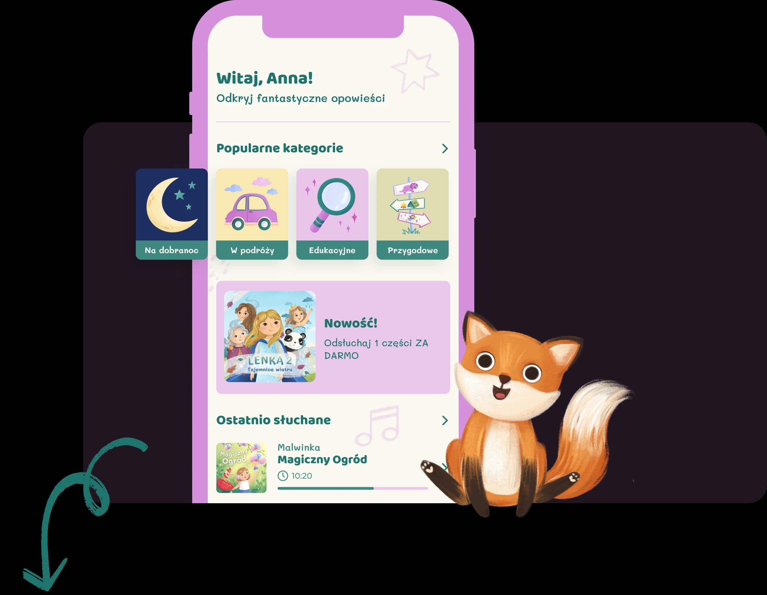 Widok aplikacji Bajkowe Poddasze – bezpieczne audiobajki dla dzieci już dla ponad 55 tysięcy użytkowników
