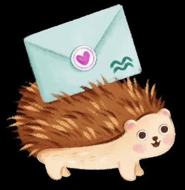 Jeżyk z listem na grzbiecie wędrujący z nowościami ze świata audiobajek muzycznych Bajkowego Poddasza - zaproszenie do newslettera