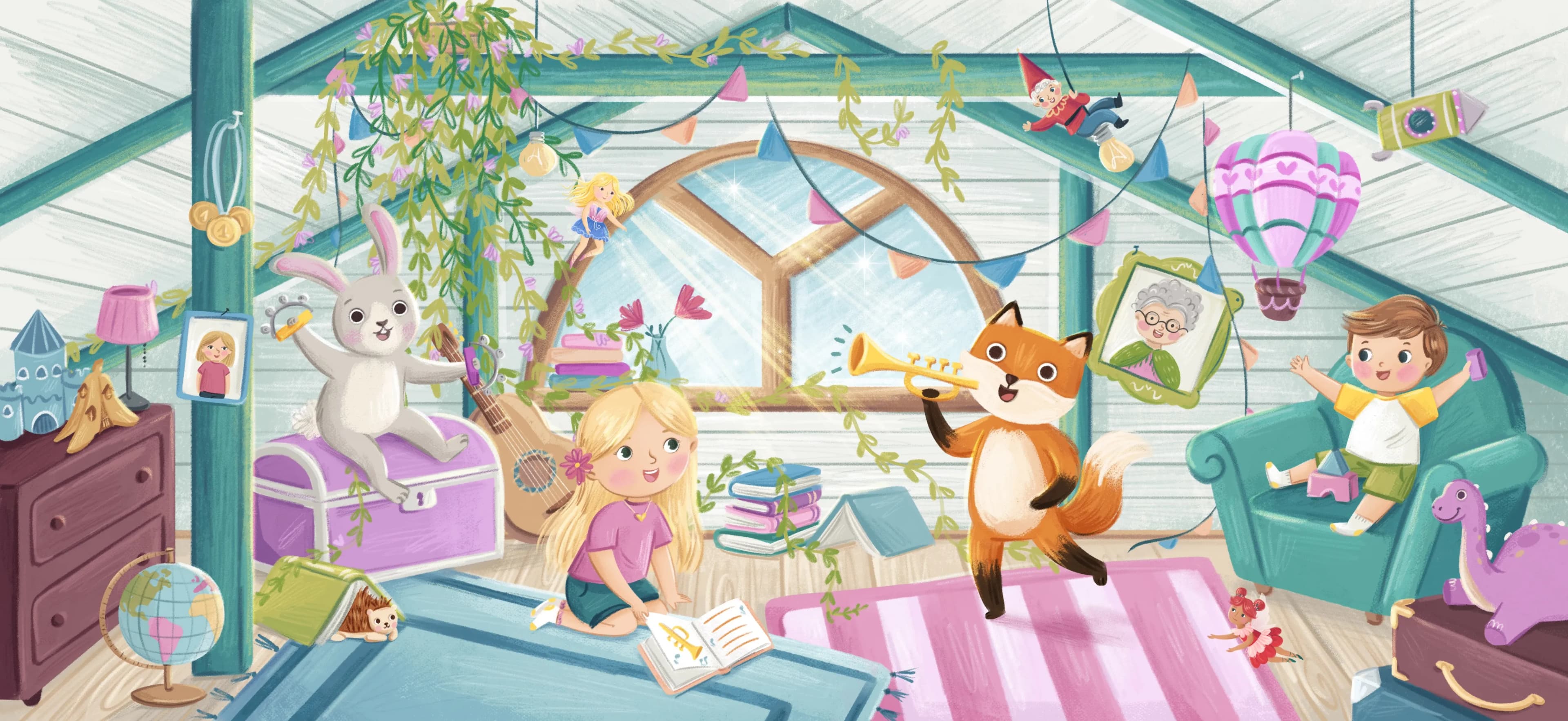 Dziewczynka i lisek grający na trąbce na poddaszu - ilustracja symbolizująca audiobajki muzyczne od Bajkowe Poddasze